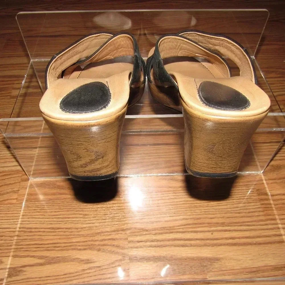 DANSKO Neeci Black Leather Slide Wood Wedges Sz 42